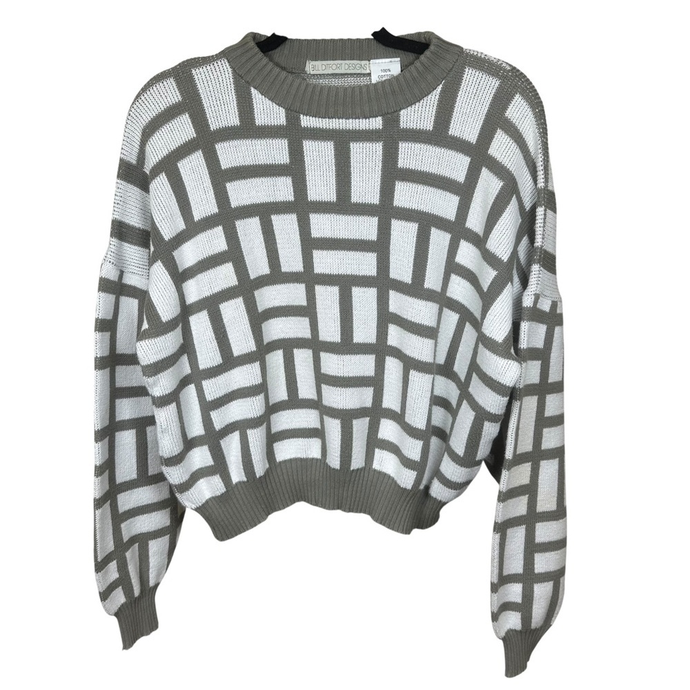 Bill Ditfort Grid Knit Cropped Boxy Sweater Artsy Lagenlook‎ Gray Cotton M